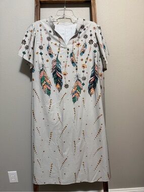 SHEIN White Dress with Teal Green and Rose Gold Feather Print